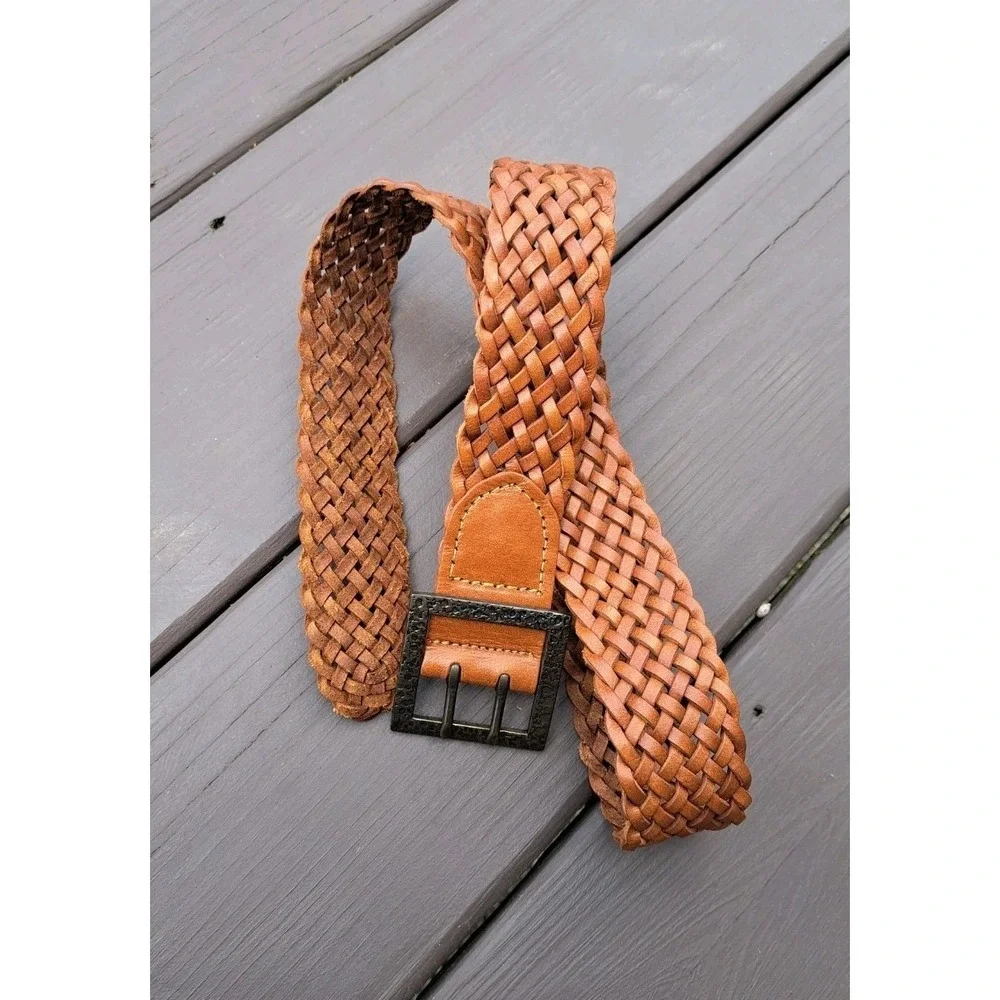 Women's Genuine Leather Brown Woven Braided Square Bronze Buckle Belt Size S 38